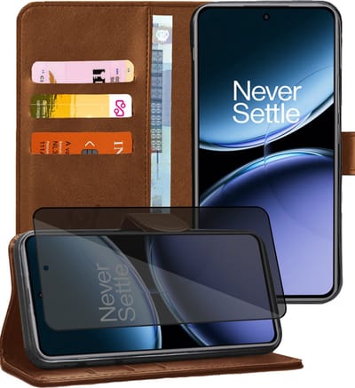 Hoesje geschikt voor OnePlus Nord 4 - Privacy Screenprotector Volledig Dekkend Glas - Portemonnee Book Case Bruin