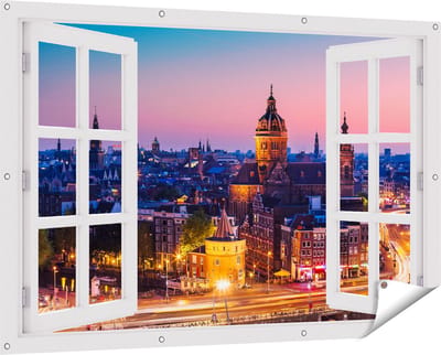 Gards Tuinposter Doorkijk Amsterdam Skyline bij Zonsondergang - 150x100 cm - Tuindoek - Tuindecoratie - Wanddecoratie buiten - Tuinschilderij