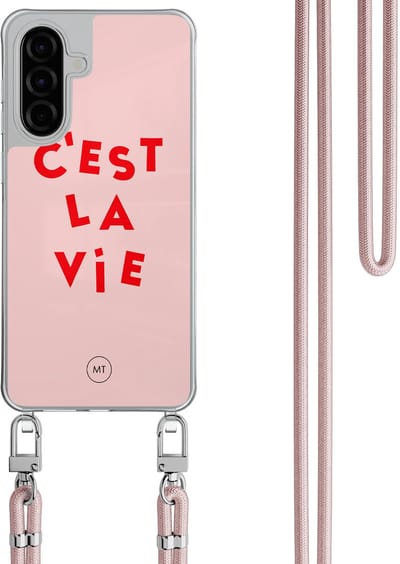 Hoesje met koord geschikt voor Samsung Galaxy A36 - C'est la vie - Inclusief Rosegoud koord - Crossbody beschermhoes - Transparant, Roze - Mooie Telefoonhoesjes