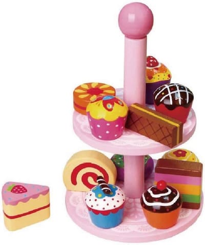 Houten Taartjesstandaard - Etagere Speelgoed - Kinderkeuken Spelen - Twee Laags Design - 26 x 15 x 15 cm - Roze