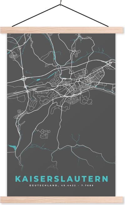 Posterhanger incl. Poster 40x60 cm - Schoolplaat - Plattegrond – Kaiserslautern – Blauw – Stadskaart – Kaart - Duitsland - Textielposter - Blanke latten - Stadskaart