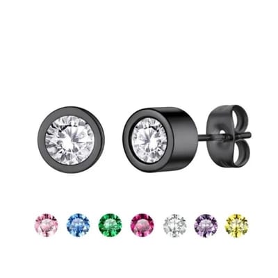 Aramat Jewels | Oorbellen | Stalen Oorbellen met Verwisselbare Zirkonia – RVS | Zwart | |7mm | Staal | Kinderen, Volwassenen | Verkleurd niet