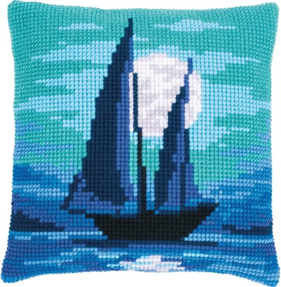Vervaco - Kruissteekkussen kit - Zeilboot in blauw maanlicht - PN-0187488 - Borduren - Borduurpakket - Borduurpakket volwassenen - Borduurpakket kind