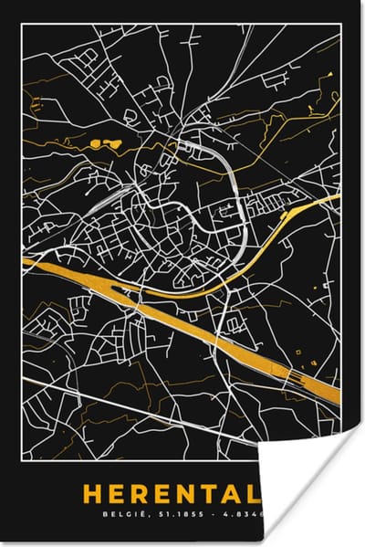 Poster Stadskaart - Plattegrond - Kaart - Goud - Herentals - 120x180 cm XXL