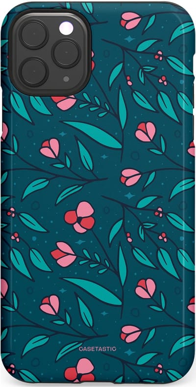 Casetastic hoesje geschikt voor Apple iPhone 11 Pro Max - Dubbellaagse bescherming - Blauwe Groene Bloemenpracht - Fashion Case - Petrol Donkergrijs