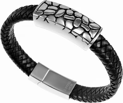 Gevlochten Zwarte Leren Armband Heren - RVS Plaat - Stalen Sluiting