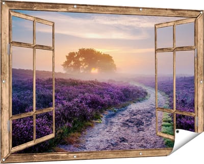 Gards Tuinposter Doorkijk Pad in de Weide van de Veluwe - 150x100 cm - Tuindoek - Tuindecoratie - Wanddecoratie buiten - Tuinschilderij
