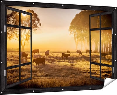Gards Tuinposter Doorkijk Kudde Koeien in de Wei met Zonsopkomst - 180x120 cm - Tuindoek - Tuindecoratie - Wanddecoratie buiten - Tuinschilderij