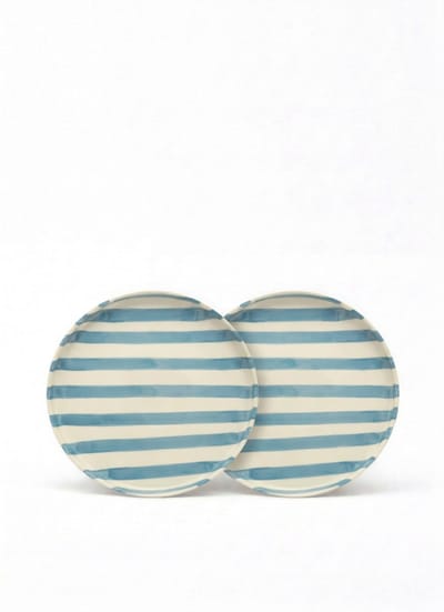 vtwonen - Borden - Lunchbord - Strepen - Blauw - Set van 2 - Keramiek - 20cm