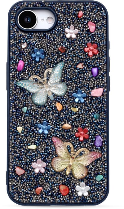 Casemania Hoesje Geschikt voor Apple iPhone 16e - Blauw - Vlinder Diamant Glitter Back Cover