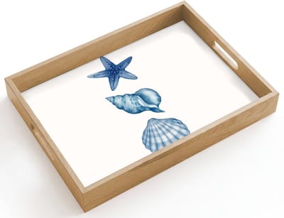 Dienblad hout 40x30 cm - Schootdienblad - Zeester - Schelpen - Blauw - Borrelplank rechthoek - Plateau dienbladen