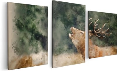 Artaza Canvas Schilderij Drieluik Hert Aquarel - Abstract - 120x60 - Foto Op Canvas - Canvas Print