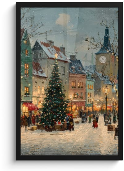 Poster in lijst - Fotolijst 40x60 cm - Posters - Kerstsfeer - Stadsplein - Kleurrijk - Posterlijst zwart - Decoratie - Wanddecoratie woonkamer - Muurdecoratie slaapkamer - Kerstversiering - Kerstdecoratie voor binnen - Kerstmis