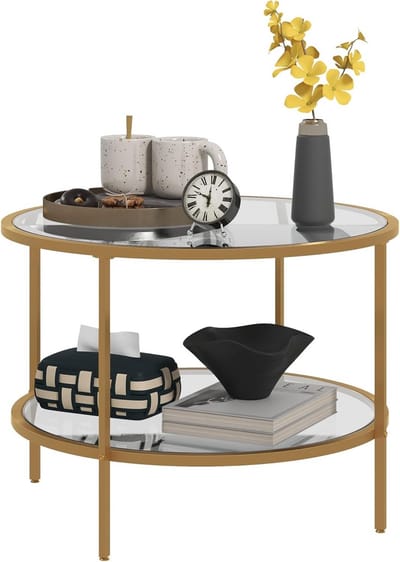 Ronde bijzettafel met opbergplank, gehard glas en stalen frame
