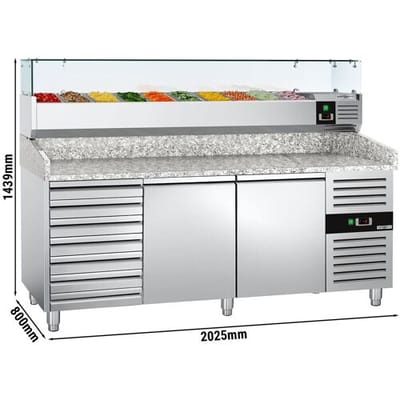 GGM Gastro Pizzakühltisch ECO - 2000x800mm - mit 2 Türen & 7 Schubladen - inkl. Kühlaufsatzvitrine - 9x GN 1/3 Zilver