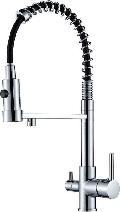 RVS Verchroomde Keukenkraan – 3-wegs, 360° rotatie, Dubbele uitbreidbare spoelborstel met hoge druk, 3-in-1 voor waterfilter (Zuiver water)