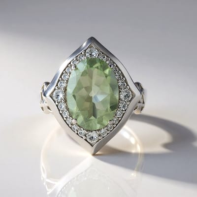 Cavill - Zilveren Ring 925 - 4,41 ct Ovale Groene Amethist - 24 Cambodjaanse Zirkonia Pavé - Elegante Damesring met Edelsteen uit Brazilië