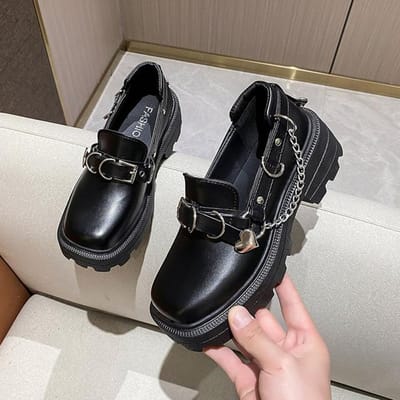 Printemps Automne Chaîne Chaussures Lolita Boucle Mary Janes Chaussures Cuir Verni Plates Peu Profondes Femme Chaussures Plateforme Filles 35 noir