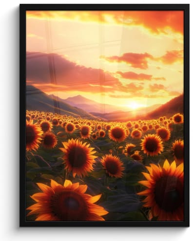 Poster in lijst - Fotolijst 50x70 cm - Posters - Zonnebloemen - Zonsondergang - Landschap - Posterlijst zwart - Decoratie - Wanddecoratie woonkamer - Muurdecoratie slaapkamer