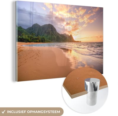 MuchoWow® Glasschilderij 30x20 cm - Schilderij acrylglas - Kauai zonsondergang - Foto op glas - Schilderijen