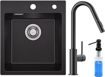 SOFETIY MAX Granieten Spoelbak voor keuken 40x45CM - Enkele Spoelbakken Met Keukenkraan en Zeepdispenser 300ML - Onderbouw Spoelbak Zwart - Met waterafvoersysteem - Voor 45 cm Kast
