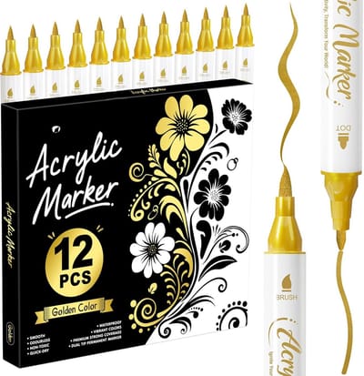 PromoHome 12 Goud Dubbelpunt markeerstiften Acryl Markeerstiften - acrylmarkers, verfpennen, acrylpennen, waterdicht, niet-toxisch, geurloos, fijne en penseelpunten voor papier, aardewerk, stenen