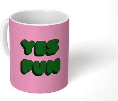 Mok - Koffiemok - Yes fun - Groen - Roze - Mokken - 350 ML - Beker - Koffiemokken - Theemok - Mok met Tekst