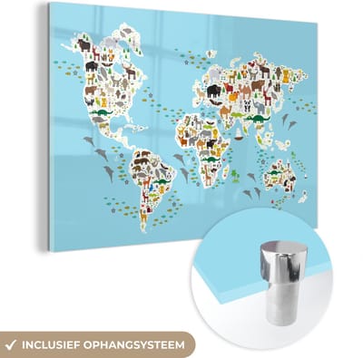 ® Glasschilderij 150x100 cm - Schilderij acrylglas - Wereldkaart - Kinderen - Dieren - Blauw - Jongens - Meisjes - Foto op glas - Muurdecoratie woonkamer - Wanddecoratie slaapkamer - Schilderijen