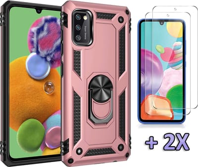HB Hoesje Geschikt voor Samsung Galaxy A41 Roségoud - Anti-Shock Hybrid Armor Back Cover - Hoes met Kickstand Ring & 2X Glazen Screenprotector