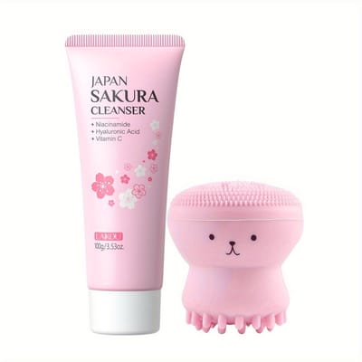 LAIKOU Japan Sakura Gezichtsreiniger met Siliconen Gezichtsborstel - 100g - Niacinamide, Hyaluronzuur & Vitamine C