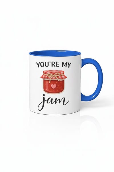 Liefdevolle 'You're My Jam' Mok - Romantisch Cadeau met Jam Pot Design - Blauw Wit Keramiek