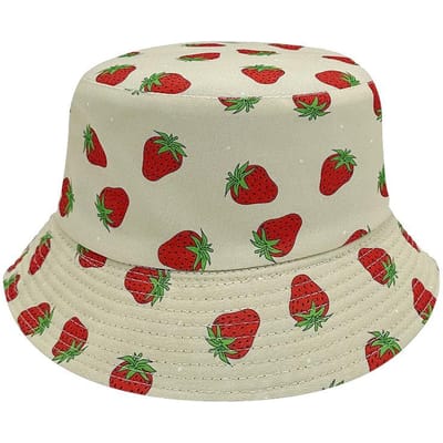 Zomer Creatieve Dubbelzijdige Aardbei Bedrukte Vissershoed Outdoor Strand Zonnehoed Koreaanse Versie Zonbescherming Fruit Emmerhoed M（56-58cm） beige