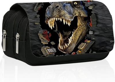 SnelShoppen - Dinosaurus pennenetui met 3 vakken, grote capaciteit, klapdeksel, ritssluiting, etui voor kinderen, studenten, school, kantoor, creatief