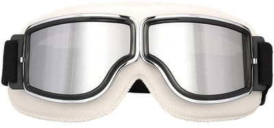 Retro motorbril: Krasbestendige polycarbonaat lenzen en zacht leren montuur, wind- en stofdicht, unisex motorbril - wit met zilverkleurige lenzen.