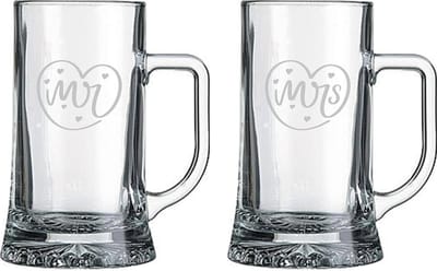 Gegraveerde set bierpullen 50cl Mr. In hartje - Mrs. In hartje