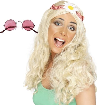 Smiffys Hippie Sixties verkleedset dames - Pruik lang haar blond - bril met ronde glazen roze - Flower Power thema