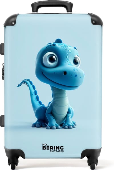 NoBoringSuitcases.com - Grote koffer - Blauwe dinosaurus met opvallende blauwe ogen - Kinderkoffer jongen - Reiskoffer met 4 wielen - Trolley op wieltjes - Rolkoffer groot kinderen - 72 liter - Ruimbagage valies 20kg