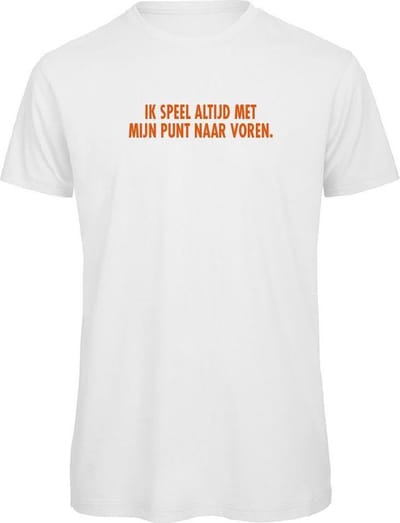 T-shirt wit S - oranje - Ik speel altijd met mijn punt naar voren. - soBAD.
