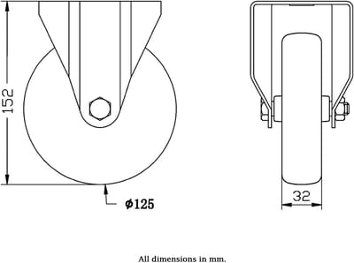 Vast zwenkwiel van 125 mm met grijs, elektrisch geleidend thermoplastisch rubber op een poot