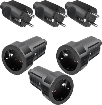 3 paar Schuko stekker koppelingen: geaarde buitenstekker 250V 16A IP54, waterdichte rubberen koppeling en zwarte geaarde stekker voor buitengebruik