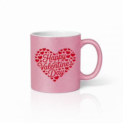 Happy Valentine’s Day Hartjes Mok 330ml – Roze Keramische Koffiemok met Rode Hartjes Design – Romantisch Valentijn Cadeau voor Haar of Hem