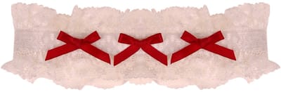 Kousenband Ivoorkleurig met Kant & Bordeauxrode Strikjes - 33cm Elastisch