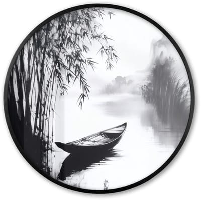 Poster in lijst Rond - Fotolijst 60x60 cm - Posters - Boot - Rivier - Bamboe - Wit - Ronde posterlijst zwart - Decoratie - Wanddecoratie woonkamer - Muurdecoratie slaapkamer