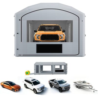 VEVOR Opblaasbare Spuitcabine 9x4,8x3,6 m Spuitcabine Grijs, met 750W & 950W Blowers, Actieve Koolstoffiltratie, Kleedruimte, PVC Ramen voor Pick-ups & Kleine Speedboten, Draagbaar