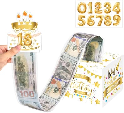Dailygoods- Geldgeschenkdoos witgoud - Verjaardag - Verrassingsdoos - Contant geld - 30 transparante zakjes - 2 stickersets met gouden cijfers - Cadeaubox