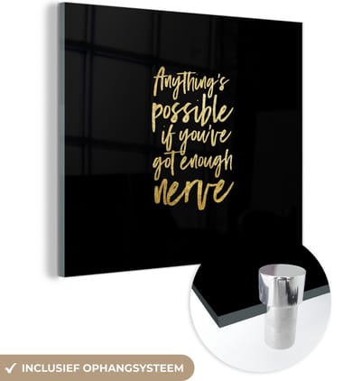 MuchoWow® Glasschilderij 50x50 cm - Schilderij acrylglas - Zelfvertrouwen - Goud - Zwart - Quotes - Foto op glas - Schilderijen