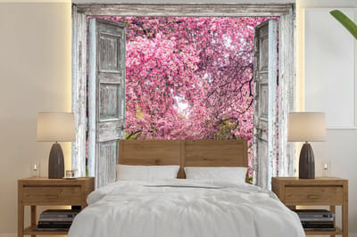 Behang - Fotobehang Sakura - Doorkijk - Boom - Kersenbloesem - Breedte 260 cm x hoogte 260 cm