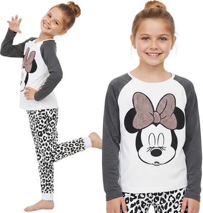 DISNEY Minnie Mouse Katoenen pyjama met luipaardprint voor meisjes, met lange mouwen, paillettenprint