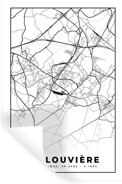 Muurstickers - Sticker Folie - België – La Louvière – Stadskaart – Kaart – Zwart Wit – Plattegrond - 20x30 cm - Plakfolie - Muurstickers Kinderkamer - Zelfklevend Behang - Zelfklevend behangpapier - Stickerfolie
