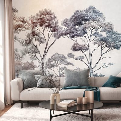 Fotobehang Profhome 399021-GU vliesbehang hardvinyl warmdruk in reliëf glad met bosmotief mat crème blauw oranje bruin 3,71 m x 2,8 m